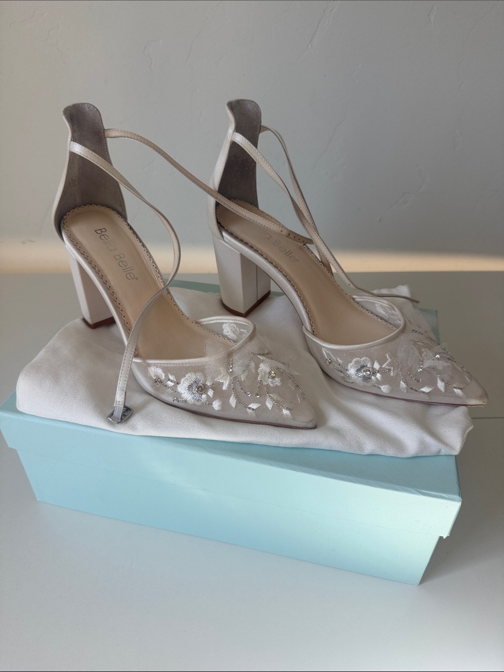 Bella Belle Ivory Embroidered Strappy Block Heel Pumps